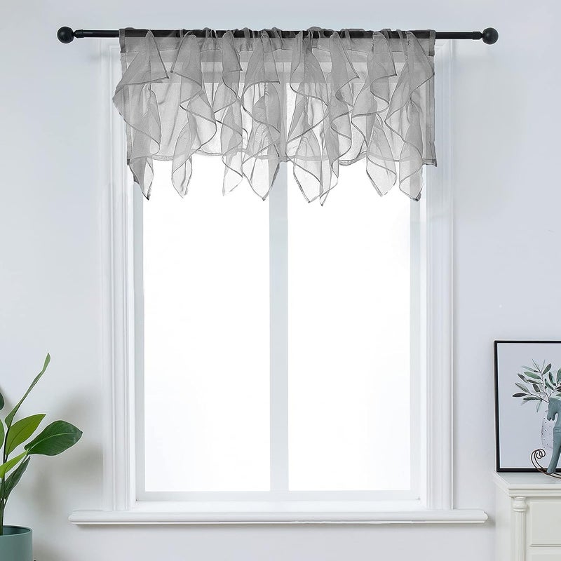 PearAge Ruffled Voile Semi Sheer Curtain Valance, Kitchen Living Room Shabby Chic Ruffle Valance Curtains, Girls Daughters Bedroom Cascade Window Valance Grey 50x16 Inches - Image 1